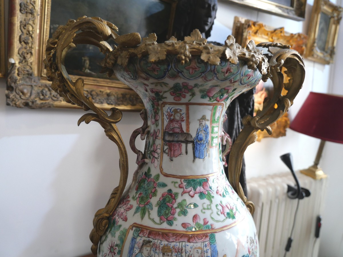 Paire de vases Chinois Monture en bronze 19e-photo-4