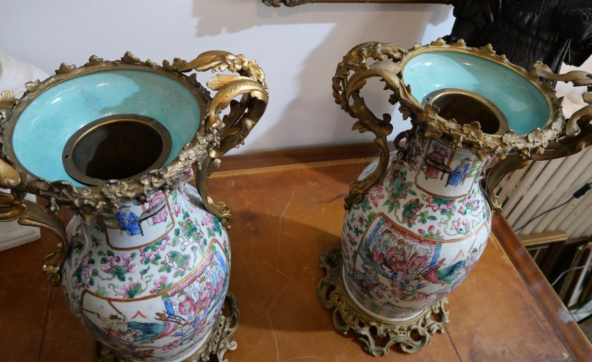Paire de vases Chinois Monture en bronze 19e-photo-1