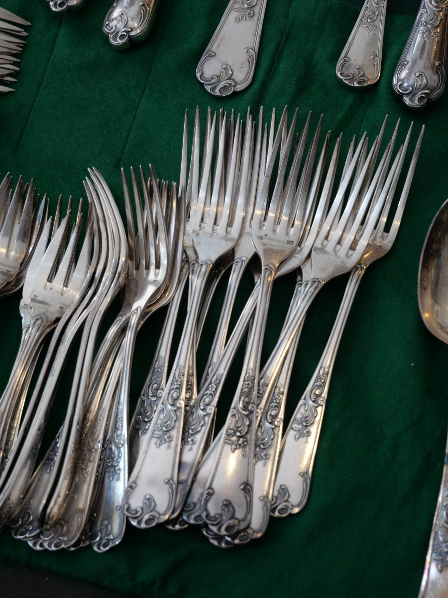 Large Silver-plated Metal Cutlery Set With Rocaille Motif-photo-2