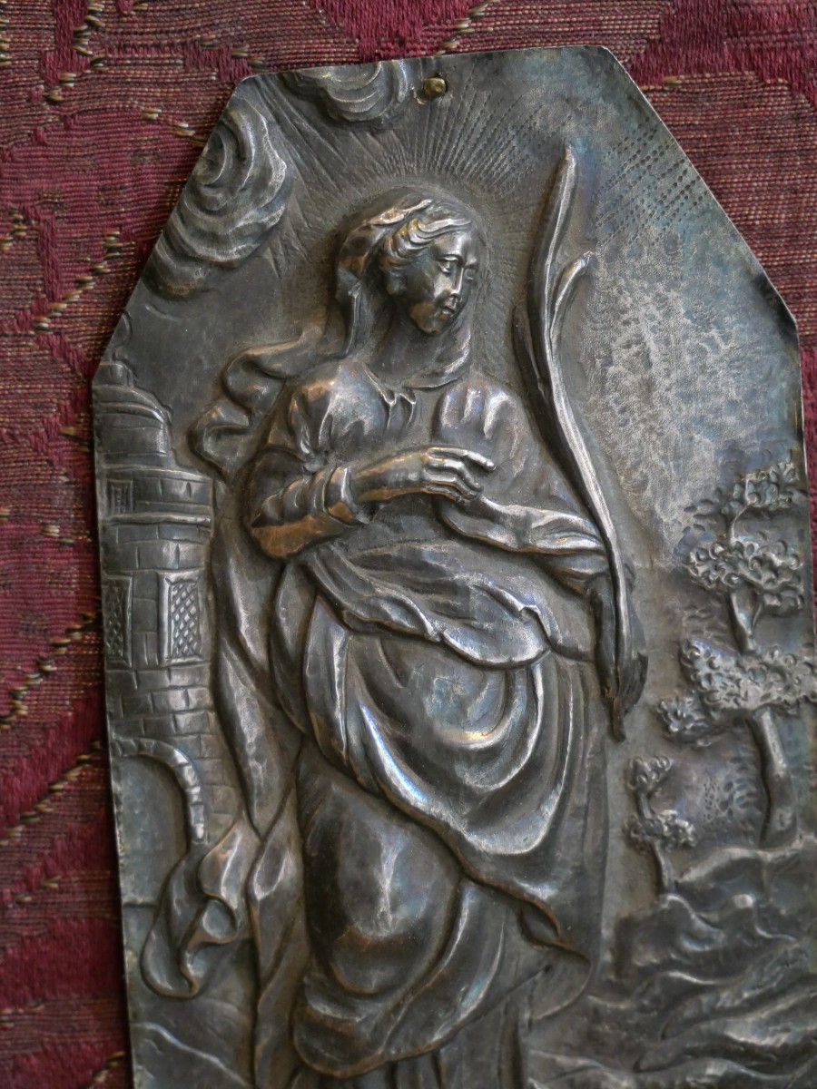 Saint Barbara On 18th Century Silver Plaque-photo-2