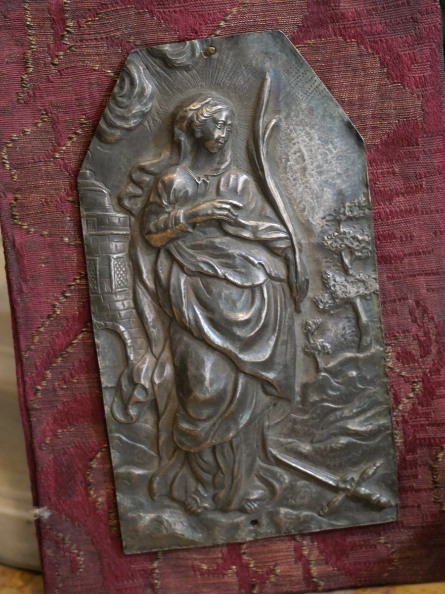 Saint Barbara On 18th Century Silver Plaque-photo-1