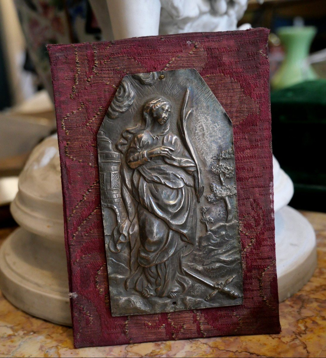 Saint Barbara On 18th Century Silver Plaque