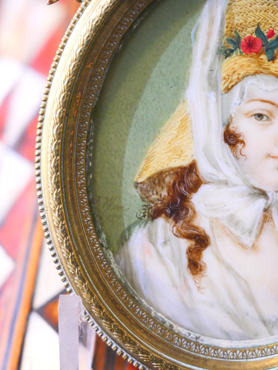 Portrait miniature jeune femme au chapeau 18e-photo-4