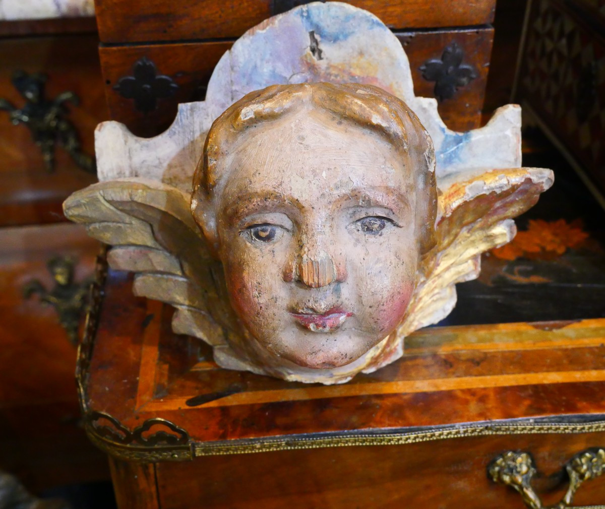 18th Century Carved Wooden Angel Head