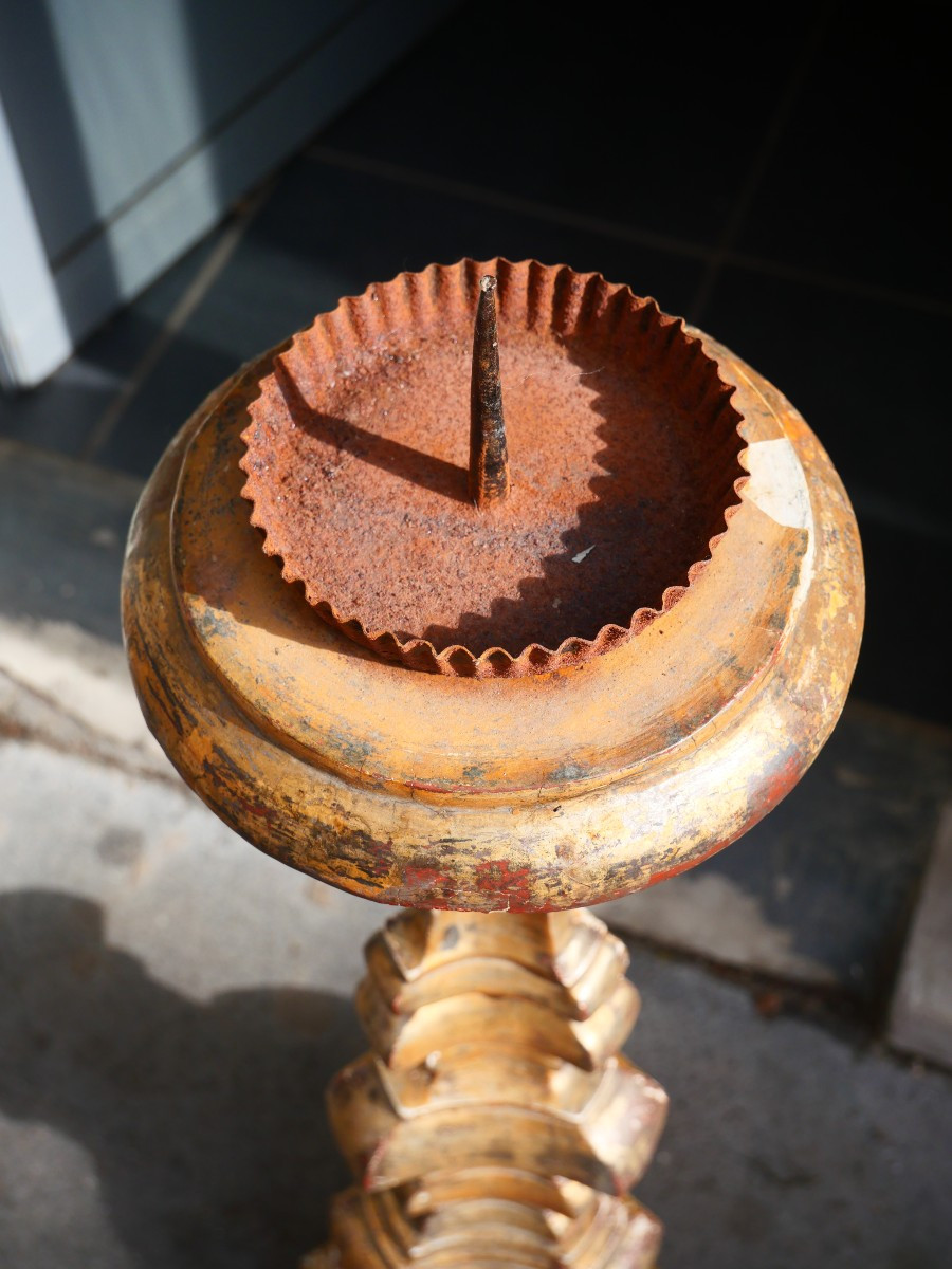 Large Gilded Wooden Candlestick, 18th Century-photo-2