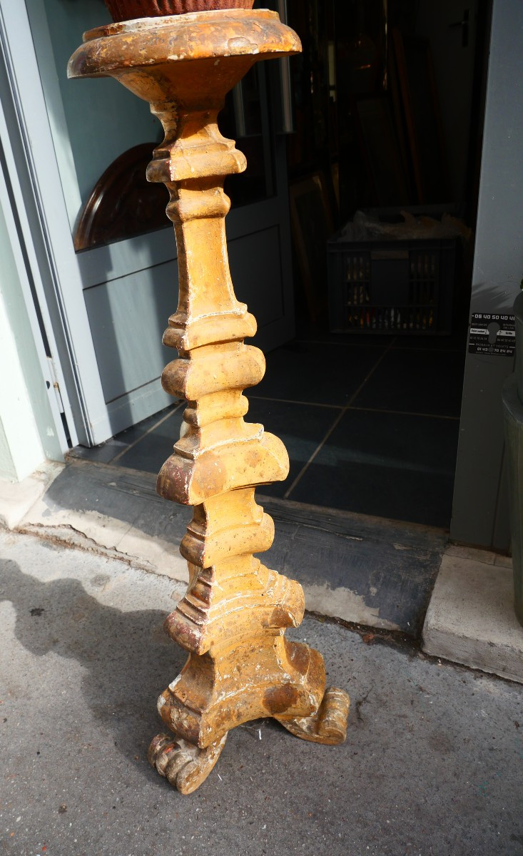 Large Gilded Wooden Candlestick, 18th Century-photo-4