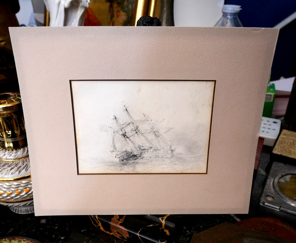 Dessin d'un navire en pleine tempête 19e