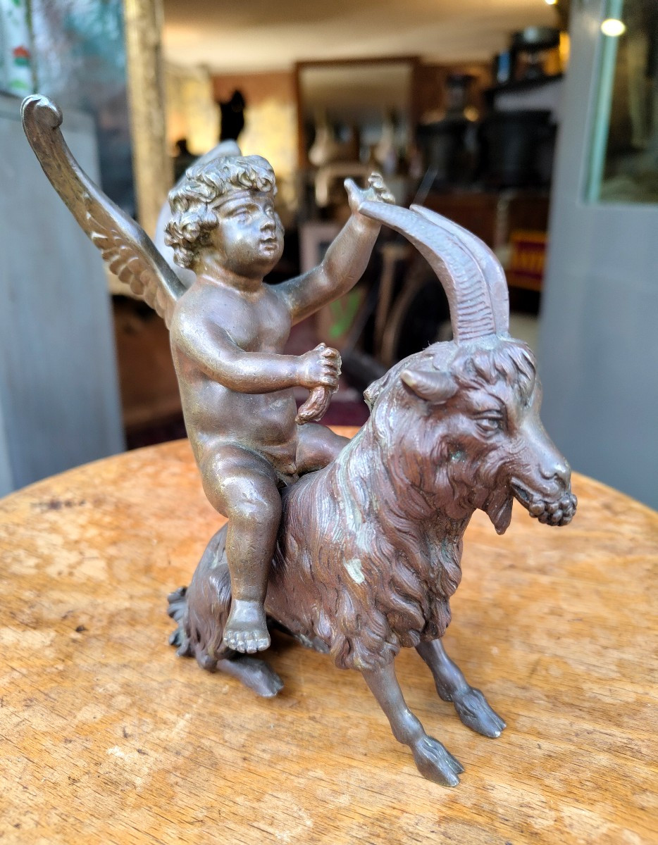 Angelot Surmounting A Goat 19th Century Bronze