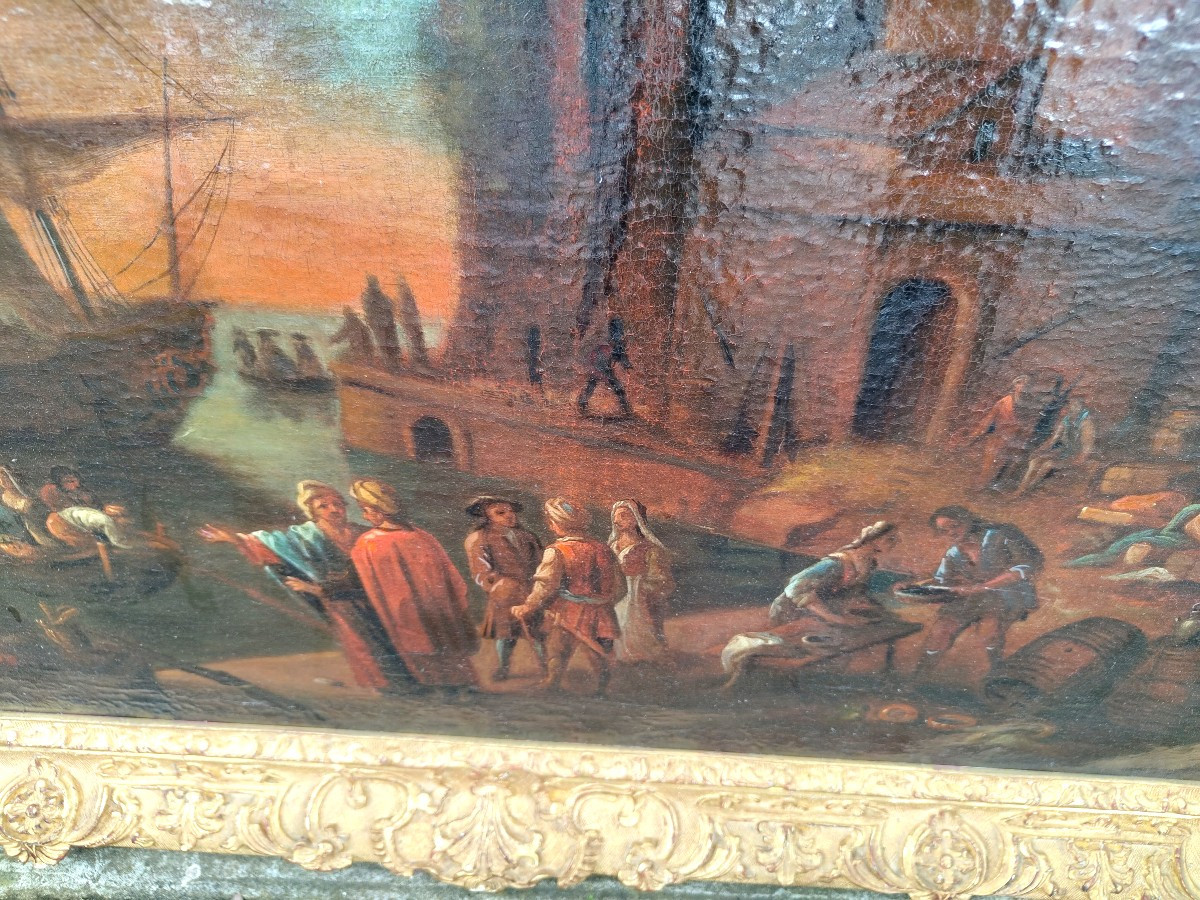 Vue d'un port huile sur toile 18e-photo-2