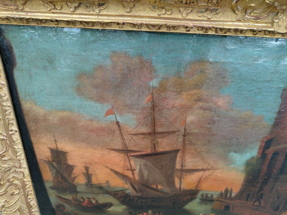 Vue d'un port huile sur toile 18e-photo-4