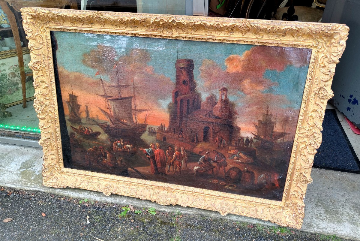 Vue d'un port huile sur toile 18e