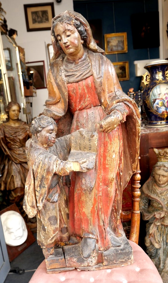 Polychrome Wooden Statue Of Saint Anne, 17th Century 