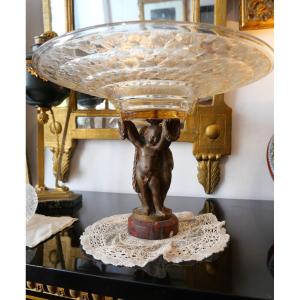 Coupe En Verre Givré Et  Putti En Bronze 