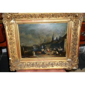 Banquet Scene Oil On Panel 17th Century