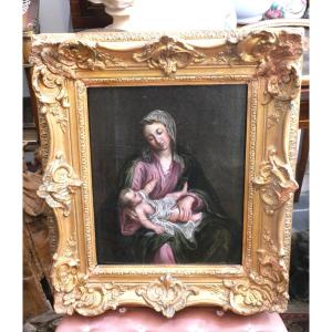 Huile sur bois vierge à l'enfant 18e