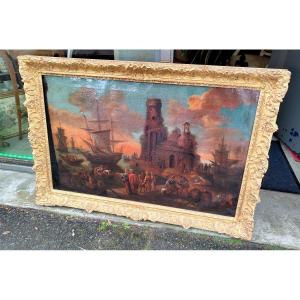 View Of A Port Oil On Canvas 18th Century