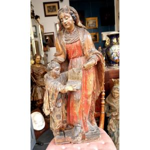 Polychrome Wooden Statue Of Saint Anne, 17th Century