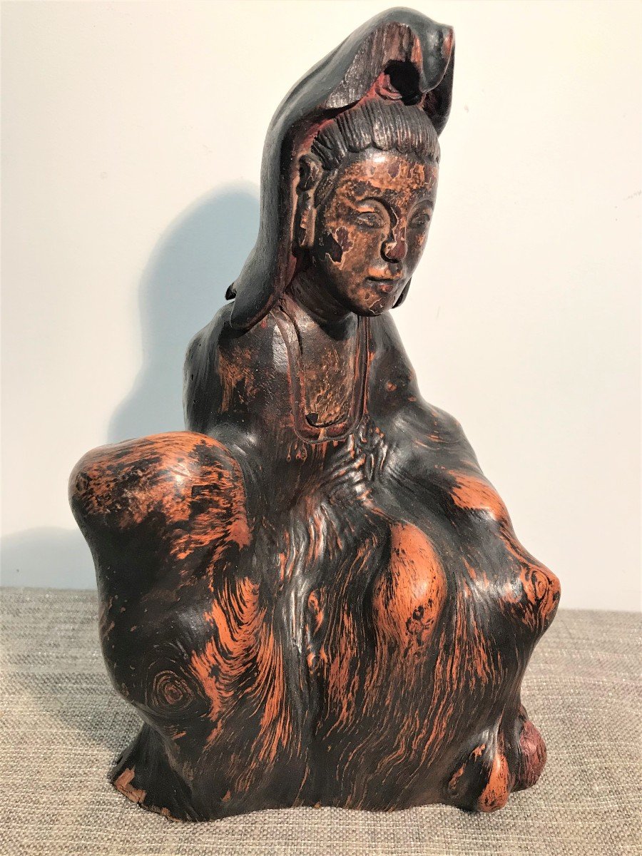 Chine divinité en bois sculpté XVIIIème siècle-photo-3