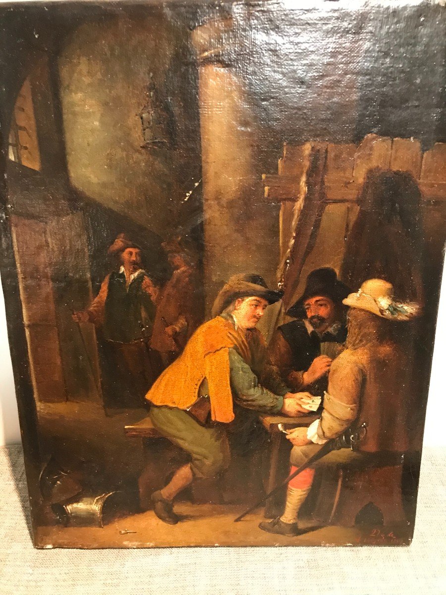 Table Oil On Canvas Tavern Scene XIXth Century Dated 1843-photo-2