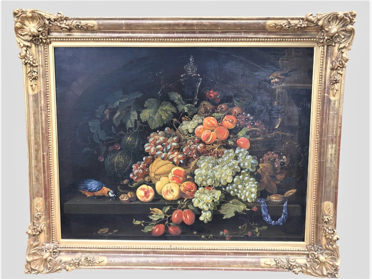 Large Still Life With 20th Century Parrots With 19th Century Frame
