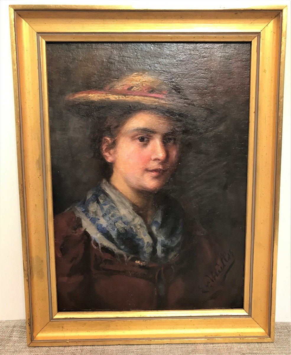 Tableau portrait jeune femme signé Emma Von Müller peintre Autrichien