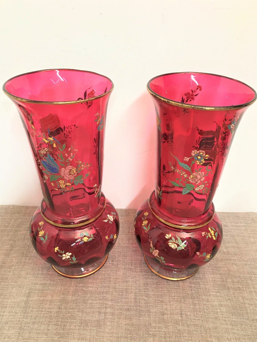Grande paire de vases en verre décor émaillé XIXème siècle-photo-3