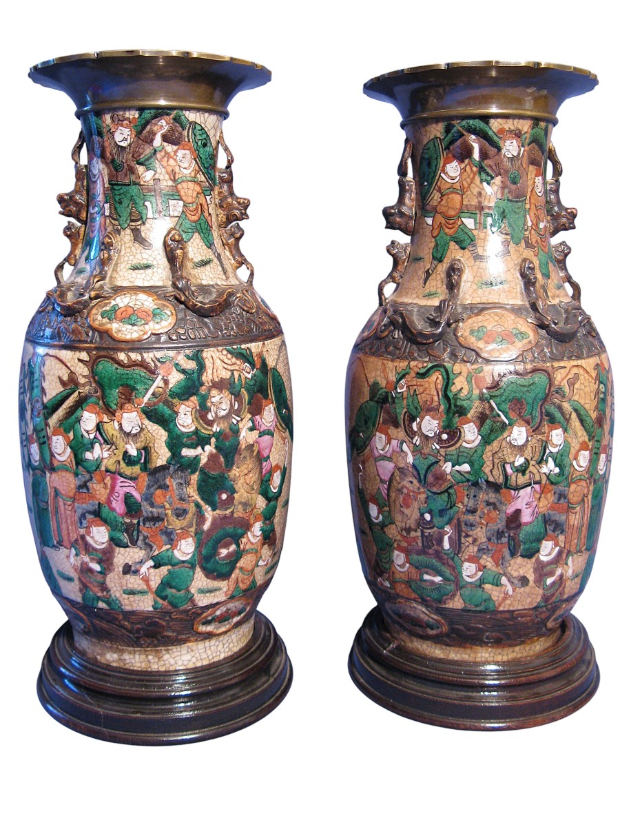 Paire De Vases Nankin Porcelaine Et Bronze Fin XIX Eme Signe En Dessous 