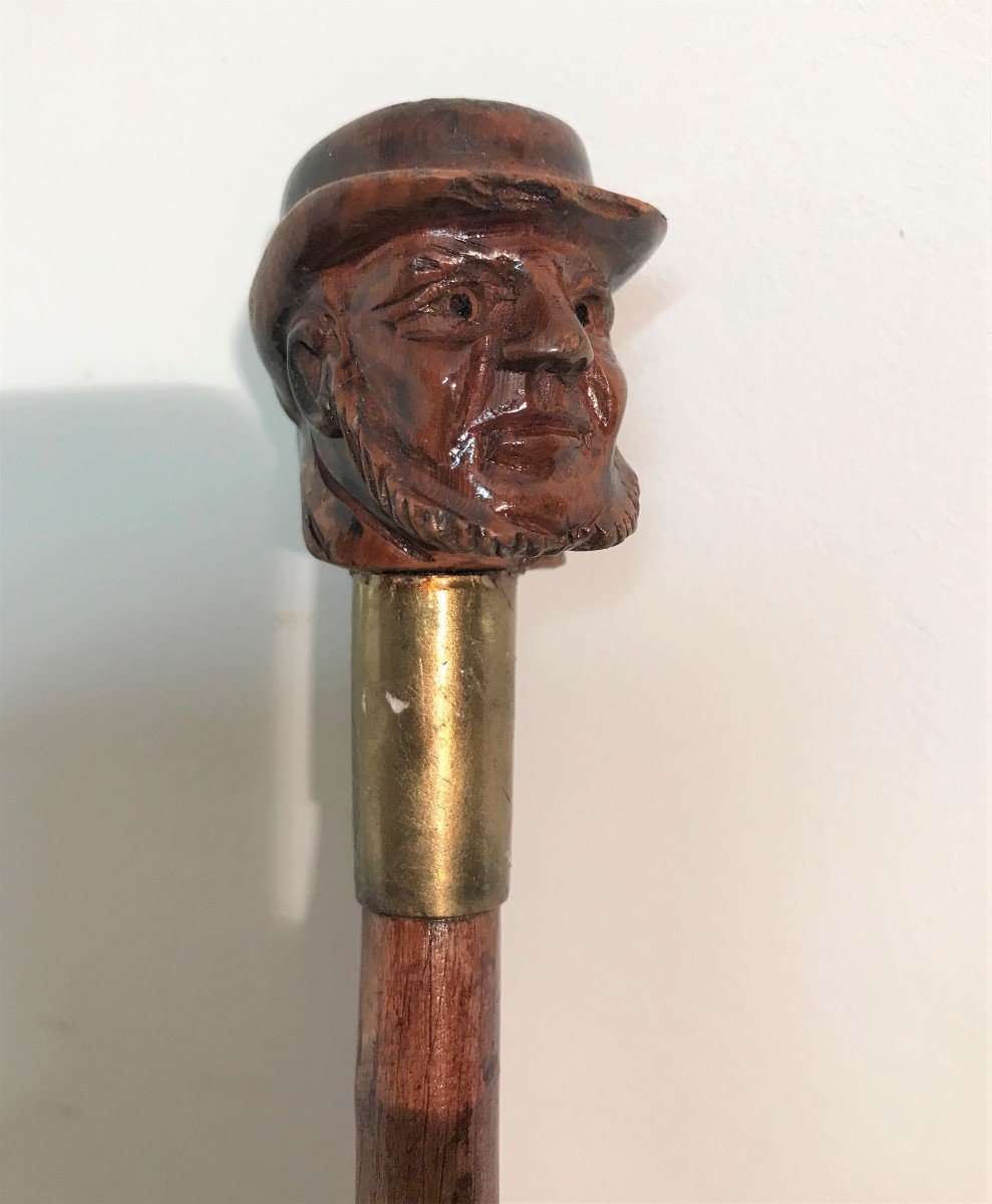 Cane Pommel Carved In Wood Head Of Breton XIXth Century-photo-2