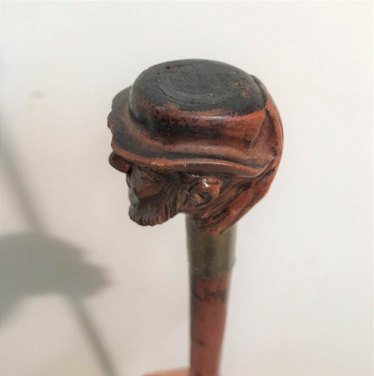 Cane Pommel Carved In Wood Head Of Breton XIXth Century-photo-1