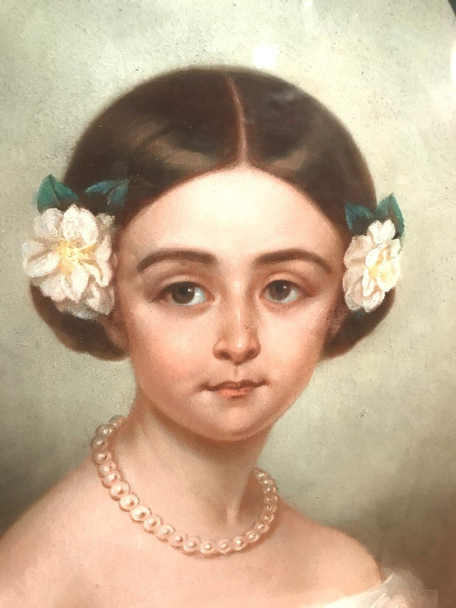 Tableau pastel portrait de jeune fille XIXème siècle signé J. Lesbraussart-photo-3