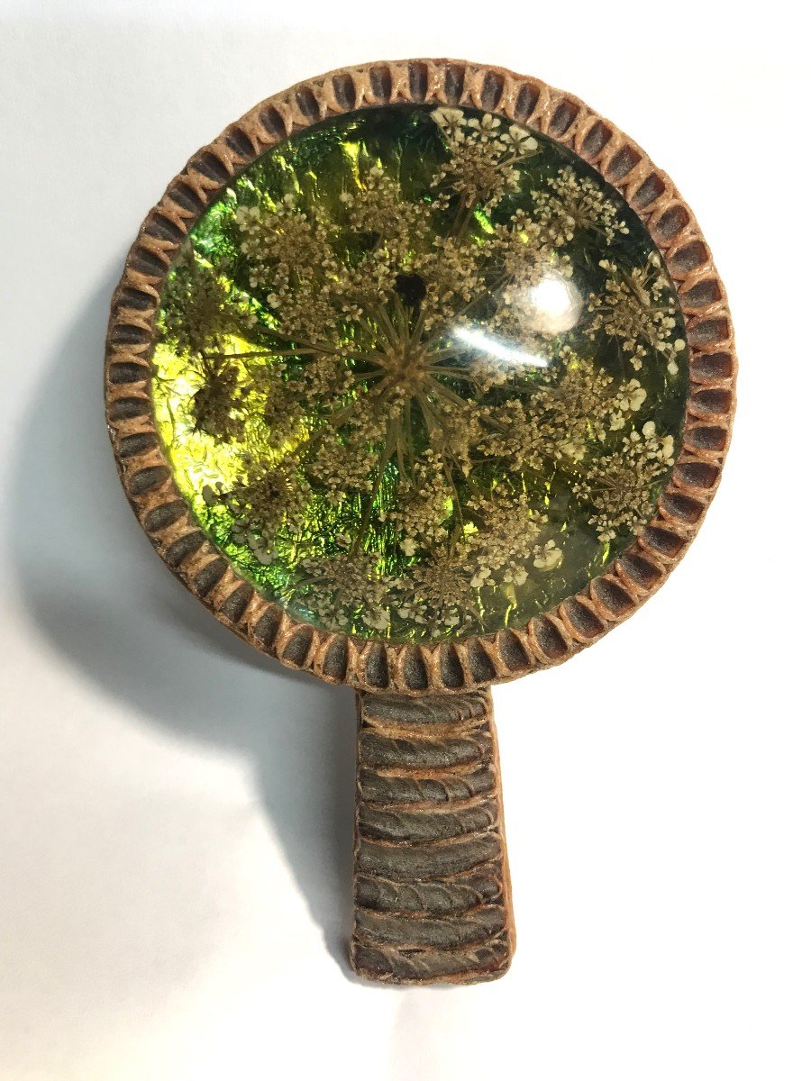 Petit miroir face à main en Talosel dans le goût de Line Vautrin XXème siècle-photo-2