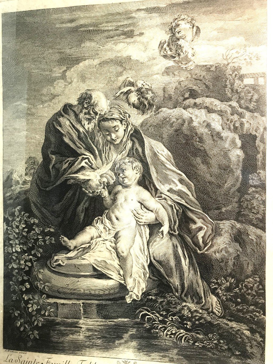18th Century Engraving By Watteau "the Holy Family"-photo-3