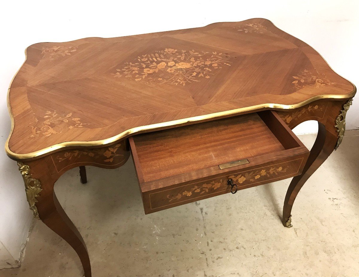 Louis XV Style Marquetry Desk, 19th Century-photo-6