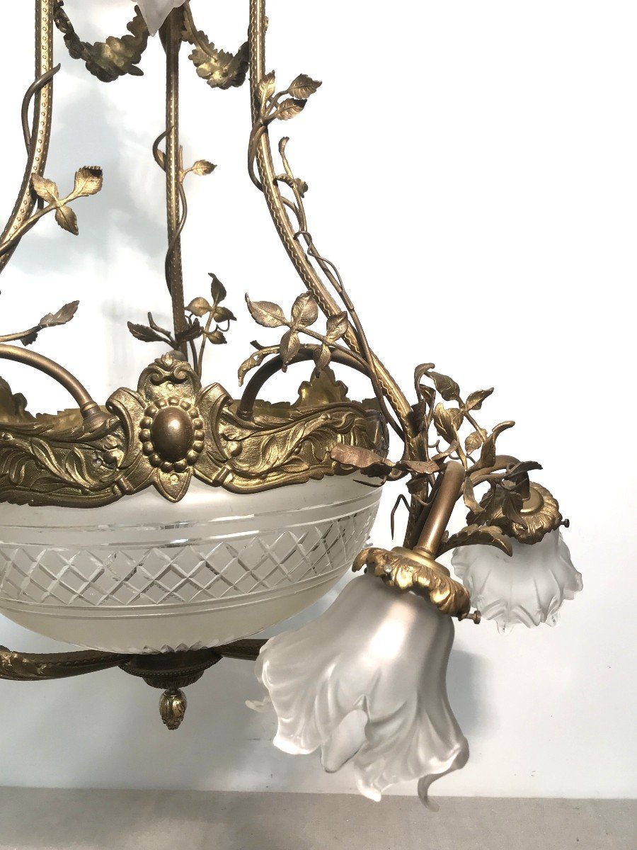 Large Cage Chandelier Bronze, Brass, Crystal And Glasses-photo-1