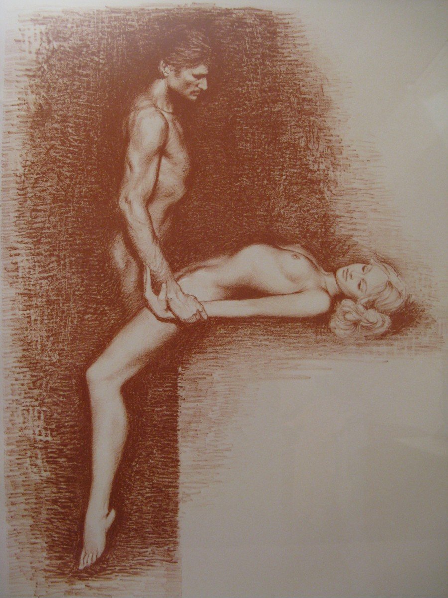Lithographie signée Aslan : couple d'amoureux époque XX ème siècle-photo-2