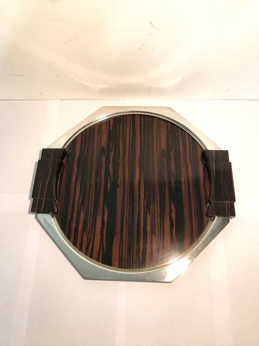 Art Deco Period Tray In Silver-plated Metal And Macassar Ebony-photo-2