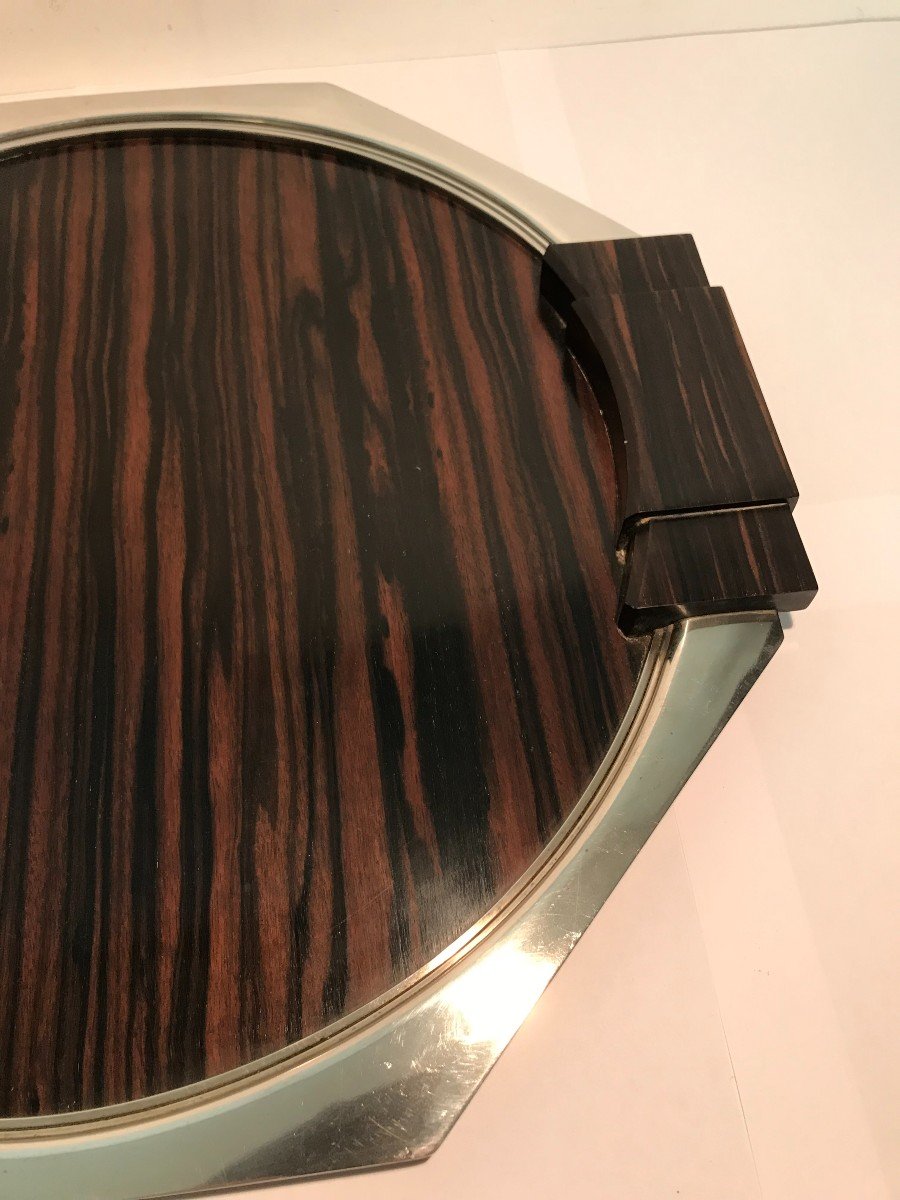 Art Deco Period Tray In Silver-plated Metal And Macassar Ebony-photo-4