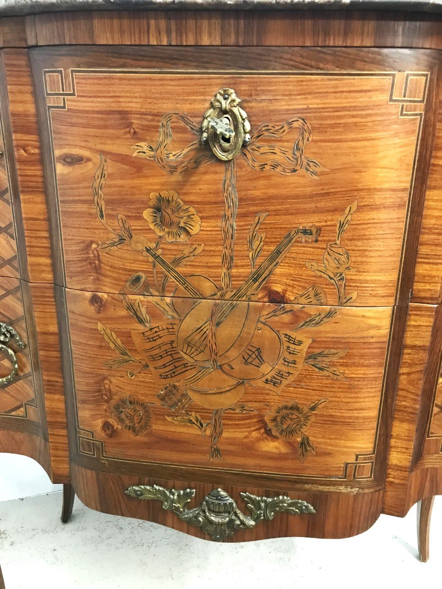 Small Transitional Chest Of Drawers In Marquetry With Musical Attributes-photo-2