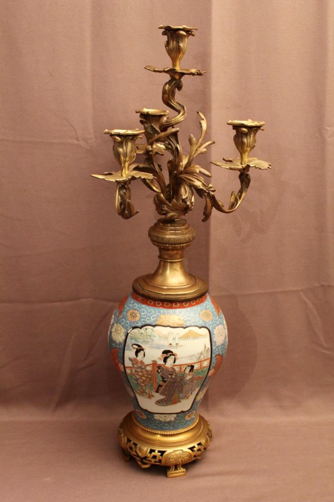Grand candélabre Japon porcelaine et bronze ( signé )-photo-3