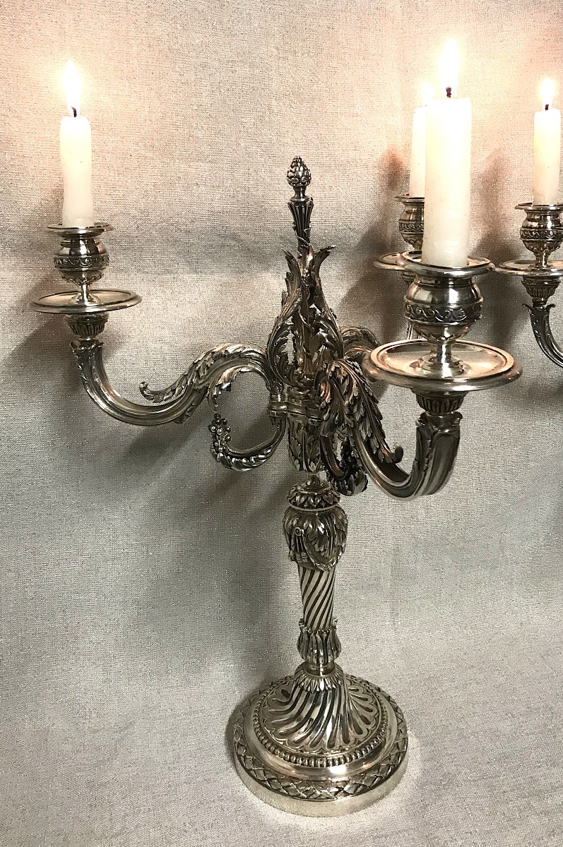 Pair Of Louis XVI Style Silver-plated Bronze Candelabras-photo-2