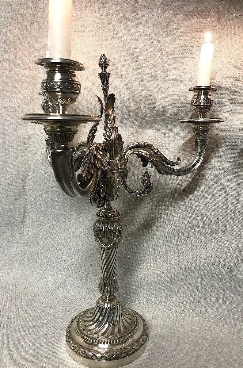 Pair Of Louis XVI Style Silver-plated Bronze Candelabras-photo-3