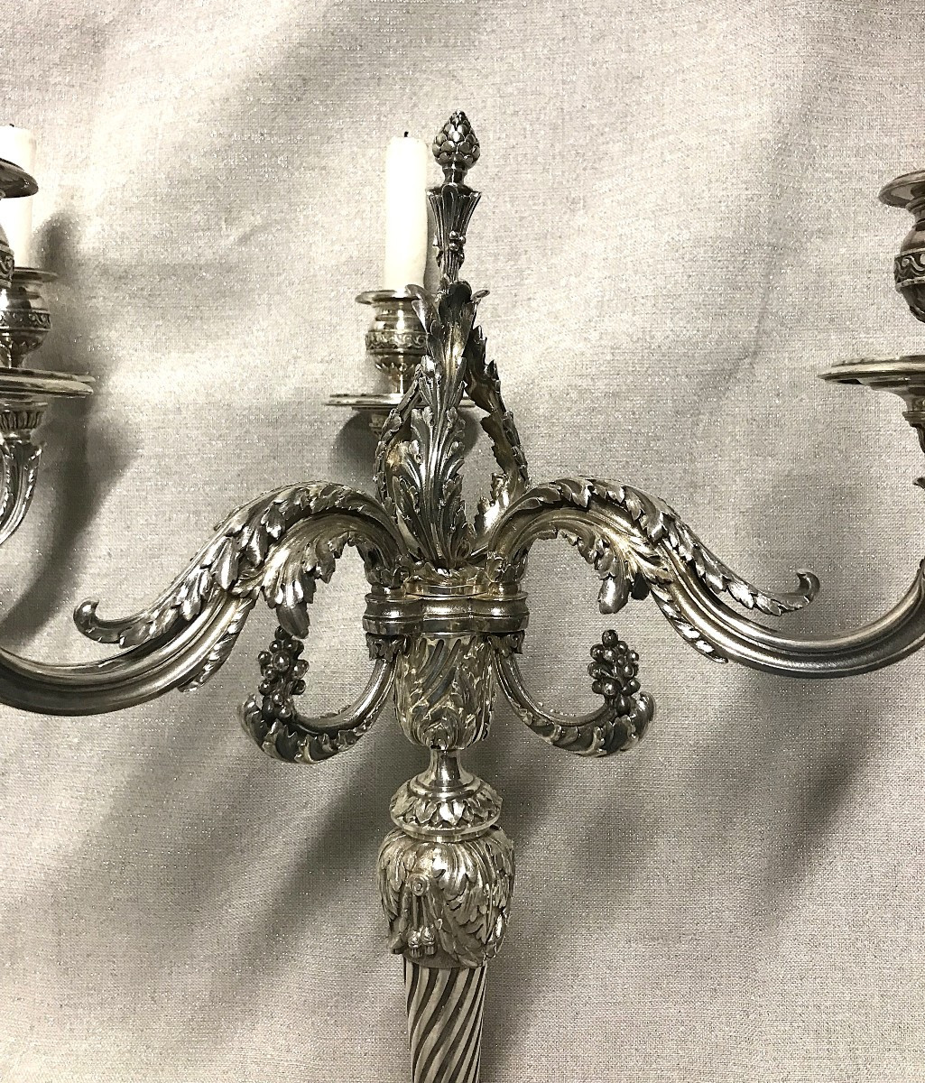 Pair Of Louis XVI Style Silver-plated Bronze Candelabras-photo-4