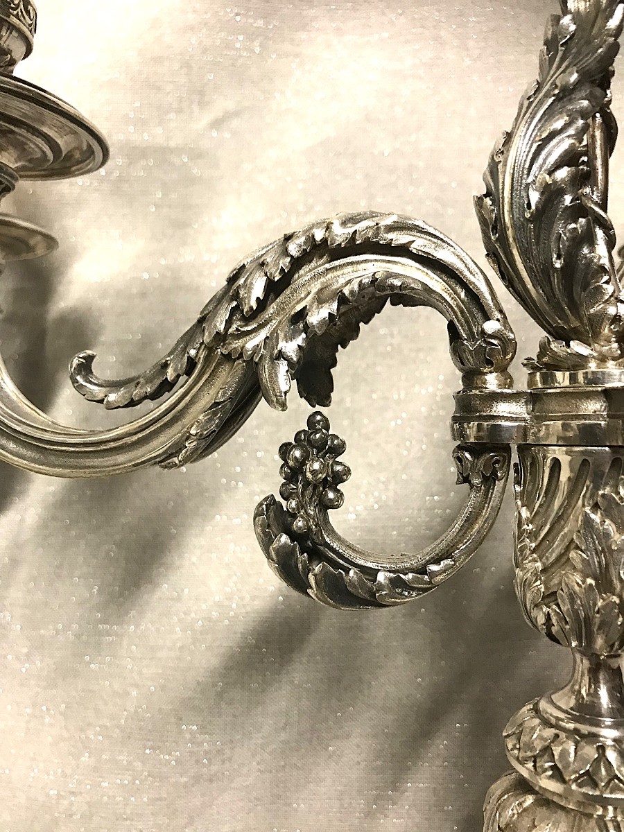 Pair Of Louis XVI Style Silver-plated Bronze Candelabras-photo-5
