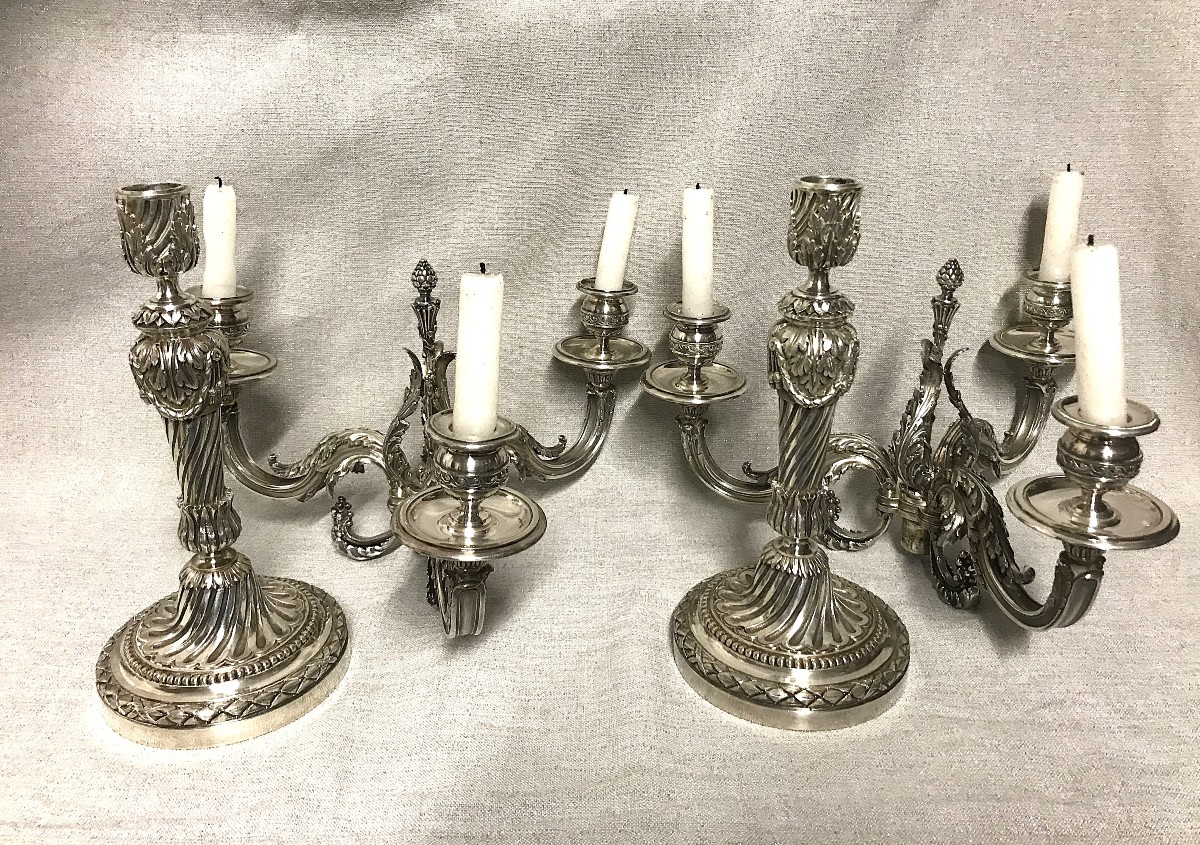 Pair Of Louis XVI Style Silver-plated Bronze Candelabras-photo-6