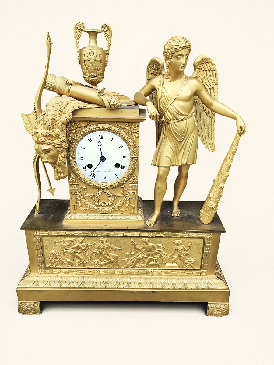 Grande pendule dorée à l'Antique "Le lion de Némée époque Restauration Empire -photo-2