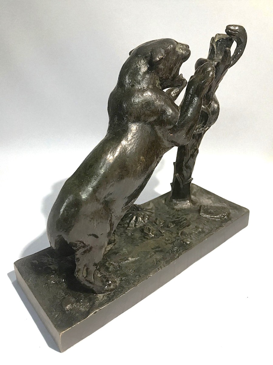 Bronze Sculpture Signed Barye: Tiger Or Lioness And Snake On A Tree-photo-3