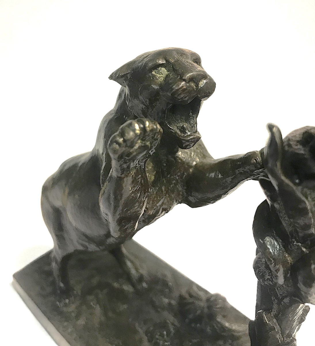 Bronze Sculpture Signed Barye: Tiger Or Lioness And Snake On A Tree-photo-1