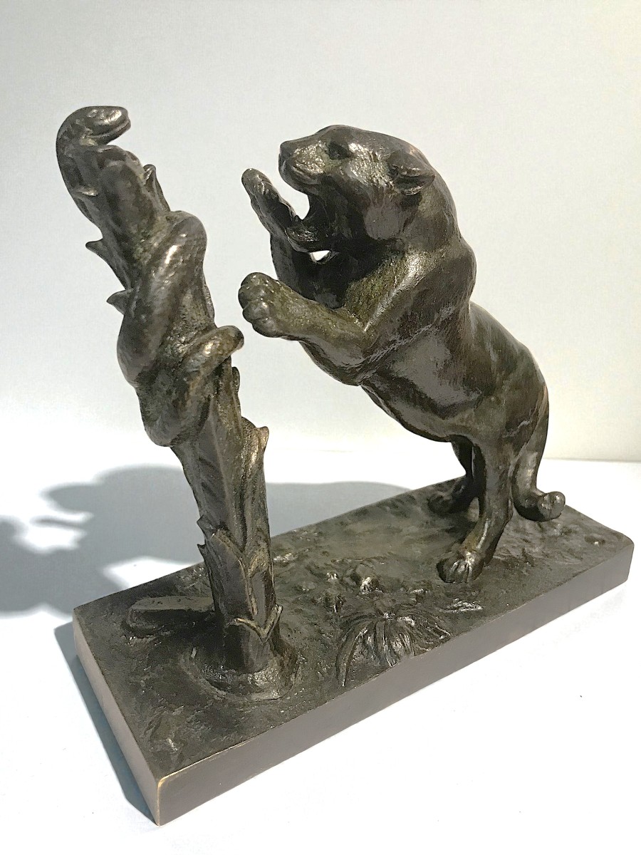 Bronze Sculpture Signed Barye: Tiger Or Lioness And Snake On A Tree-photo-2