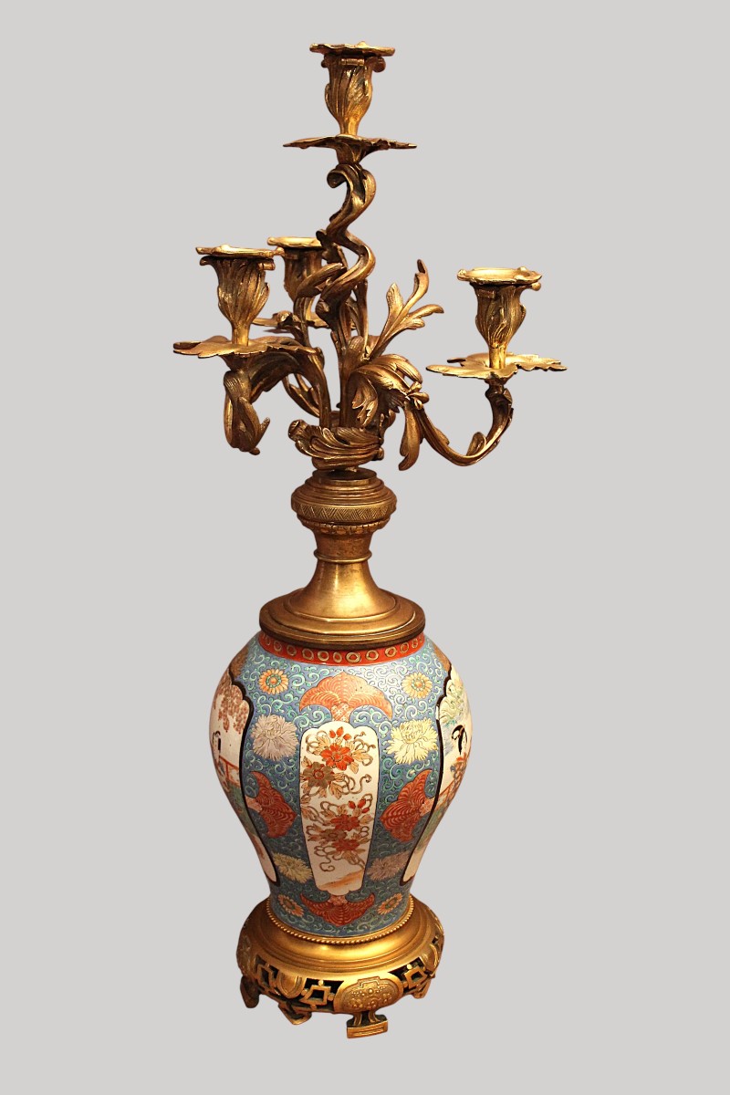Grand candélabre Japon porcelaine et bronze ( signé )-photo-2