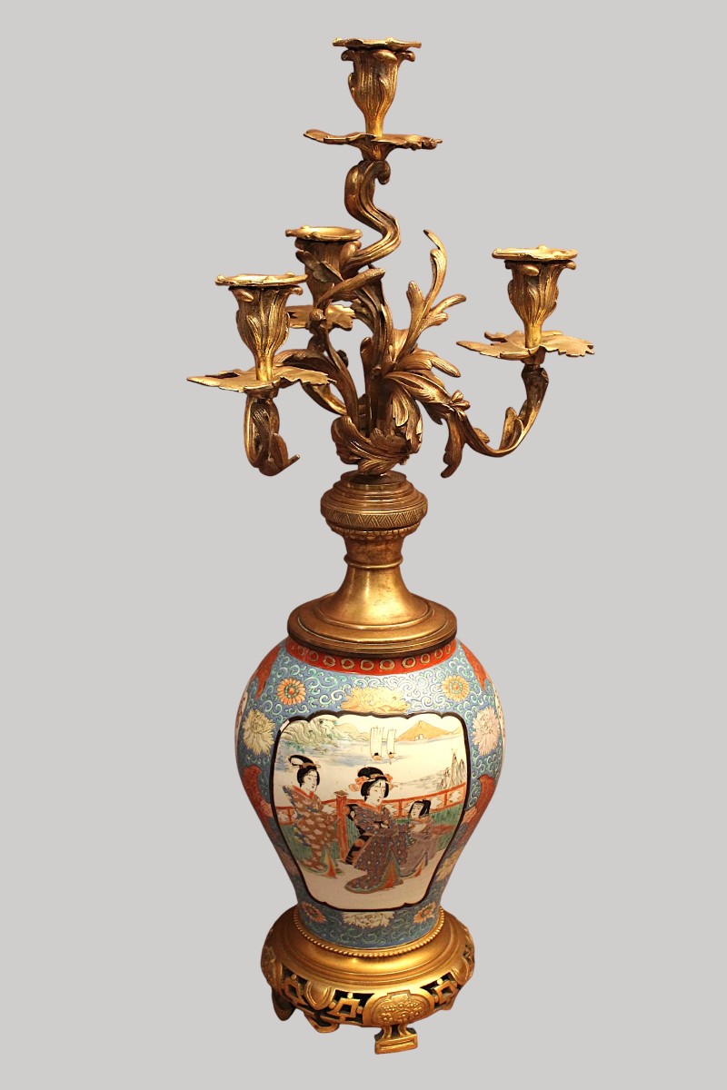 Grand candélabre Japon porcelaine et bronze ( signé )-photo-3